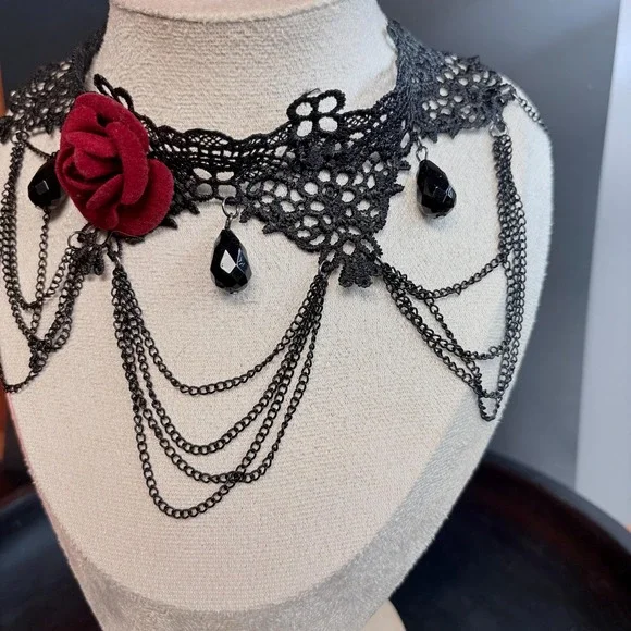 Black Lace Choker Necklace with Red Rose | Gothic Chain | Dark Romance Victorian - Picture 3 of 7
